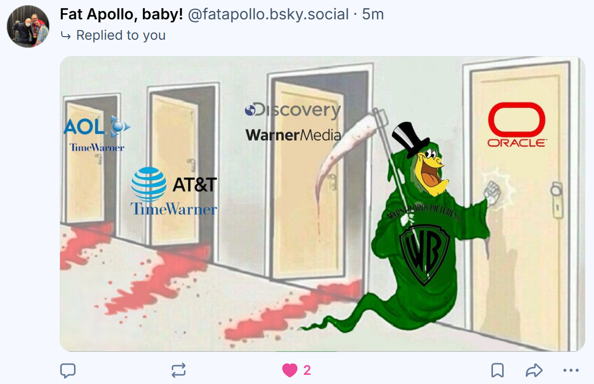 An image from Bluesky showing a grim reaper frog going door to door to kill AOL/Time Warner, AT&T Time Warner, Discovery/Warner, and now Oracle