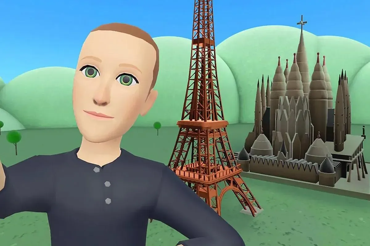 poorly rendered VR image of Mark Zuckerberg in front of the Eiffel Tower
