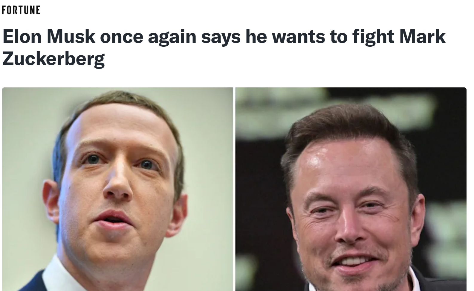Fortune headline: "Elon Musk once again says he wants to fight Mark Zuckerberg"