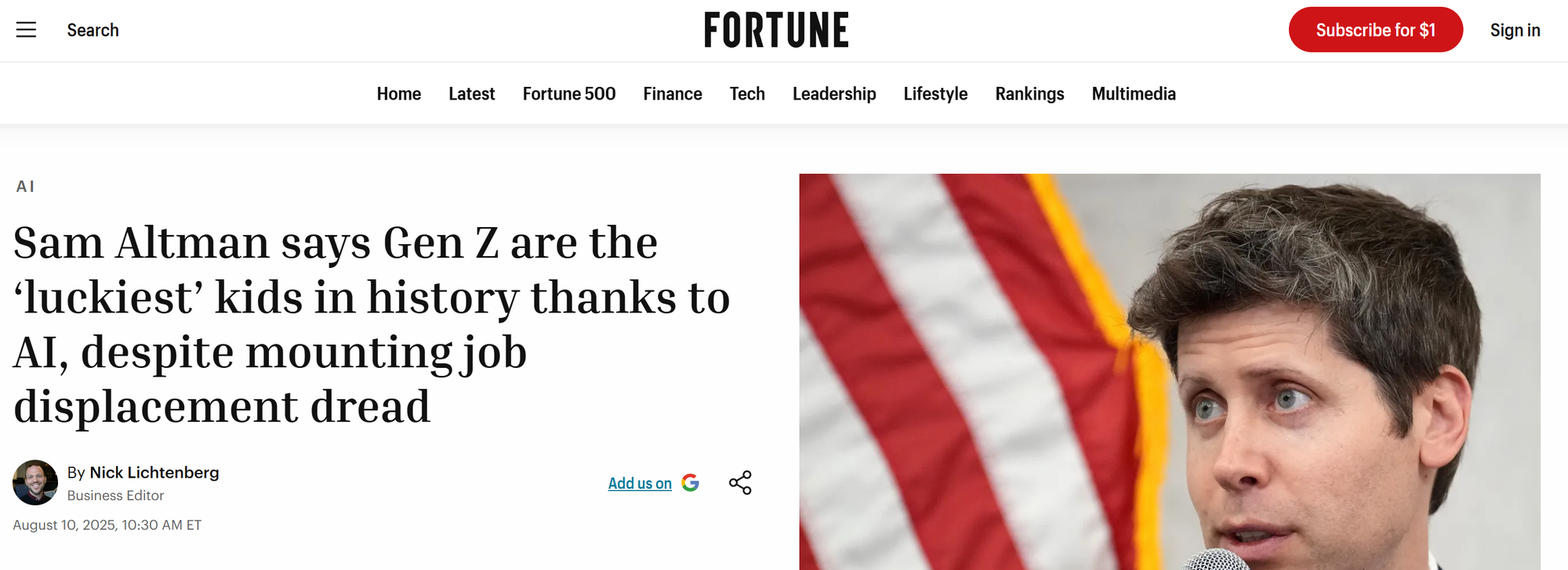 Fortune headline: "Sam Altman says Gen Z are the ‘luckiest’ kids in history thanks to AI, despite mounting job displacement dread."