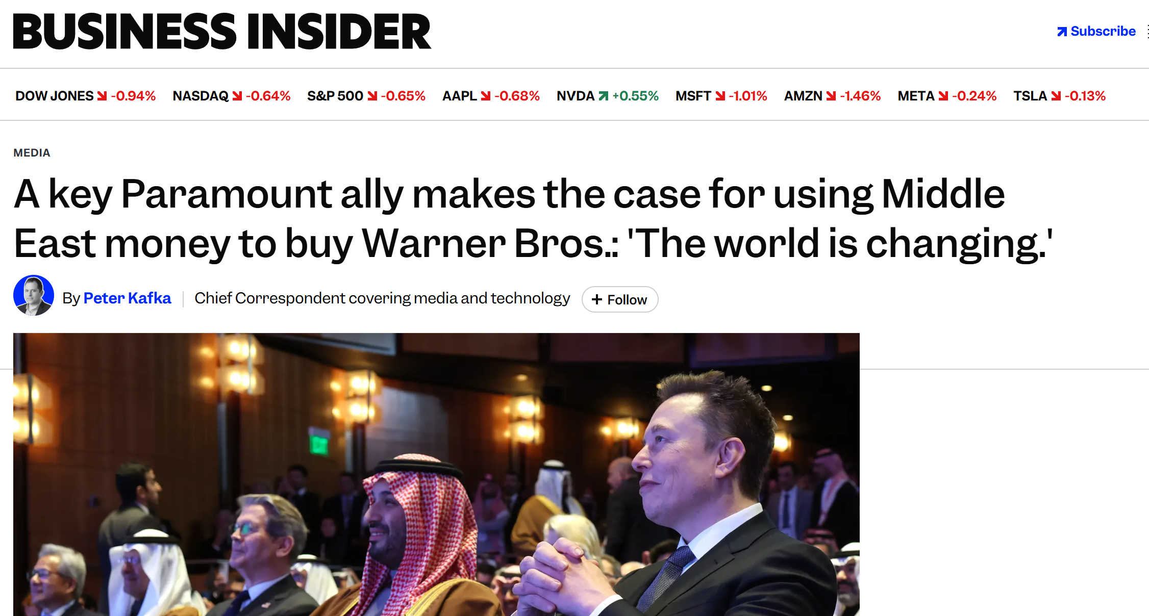 Business Insider headline: "A key Paramount ally makes the case for using Middle East money to buy Warner Bros.: 'The world is changing.'"