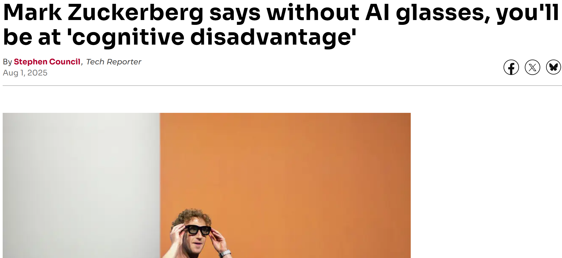 SFGate headline: Mark Zuckerberg says without AI glasses, you'll be at 'cognitive disadvantage'"