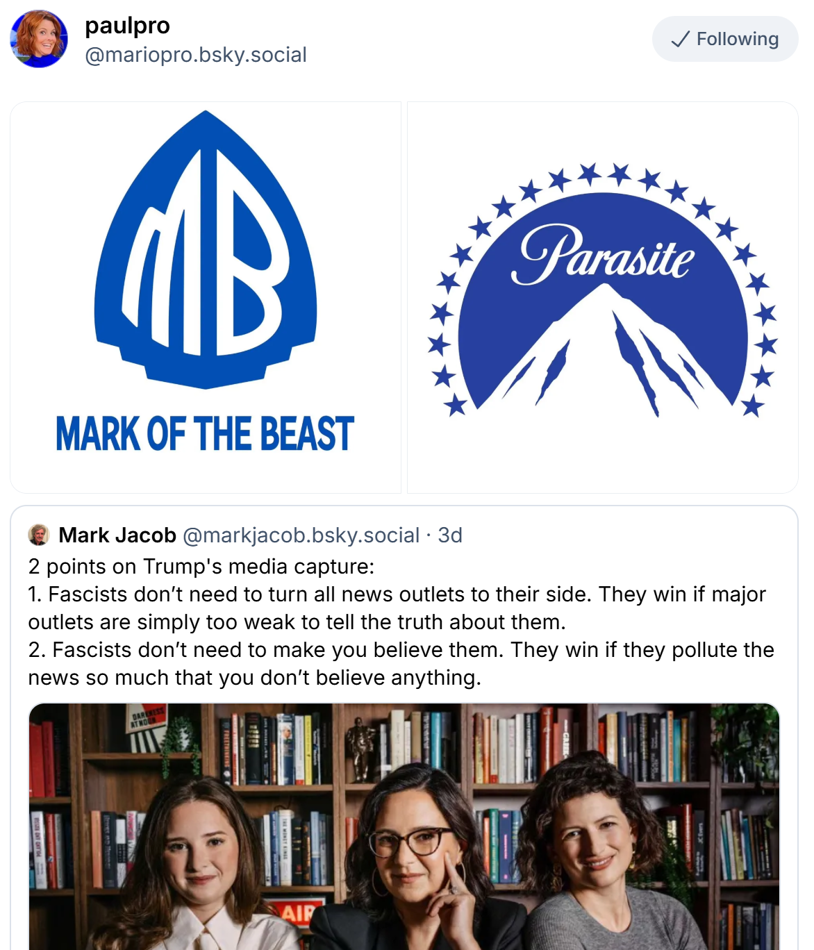 distorted Warner Brothers and Paramount logos that say "Mark of the Beast" and "Parasite"