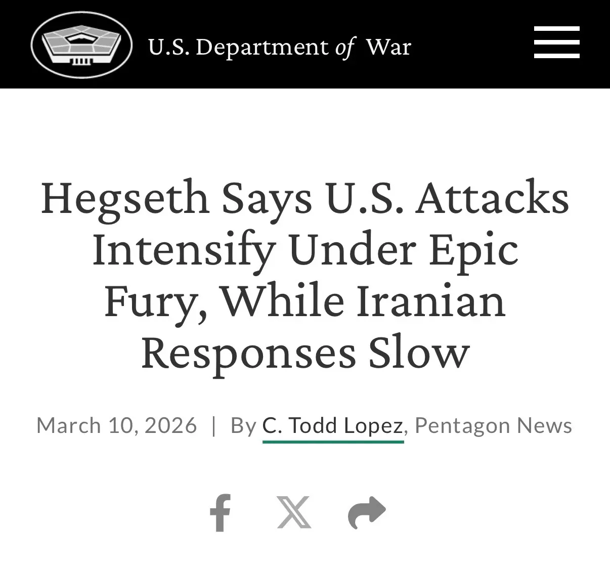 Pentagon press statement that reads: "Hegseth Says U.S. Attacks Intensify"