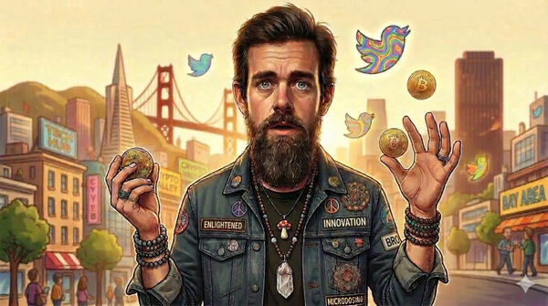 caricature image of Jack Dorsey with a healing crystal and patches on his jacket that say "innovation" and "enlightened"
